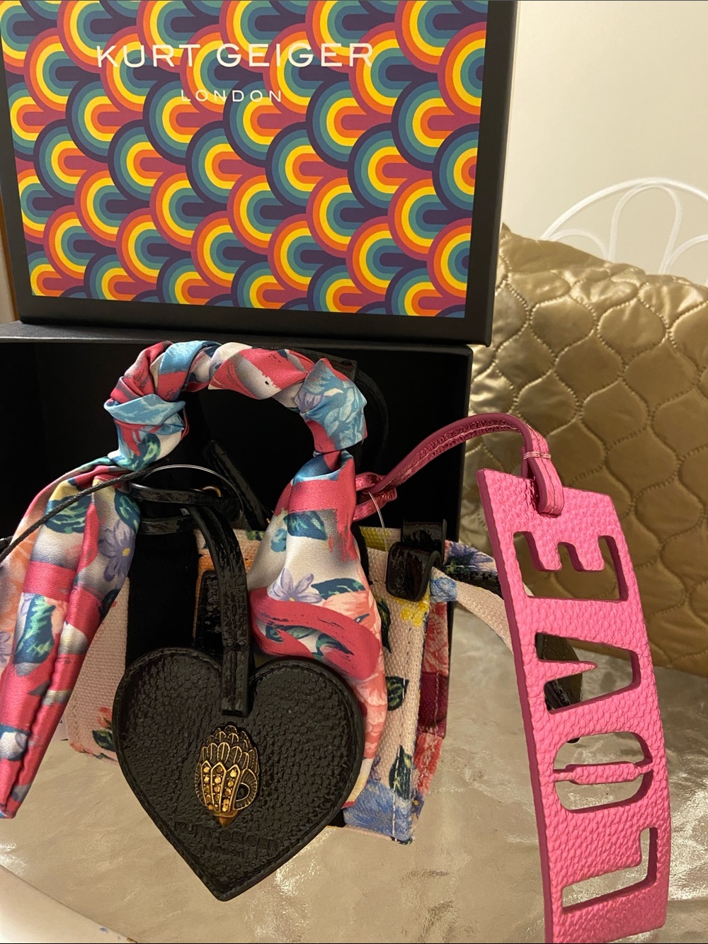 Kurt Geiger Black Heart Charm Pink LOVE Tag,Floral Scarf on handle crossbody bag